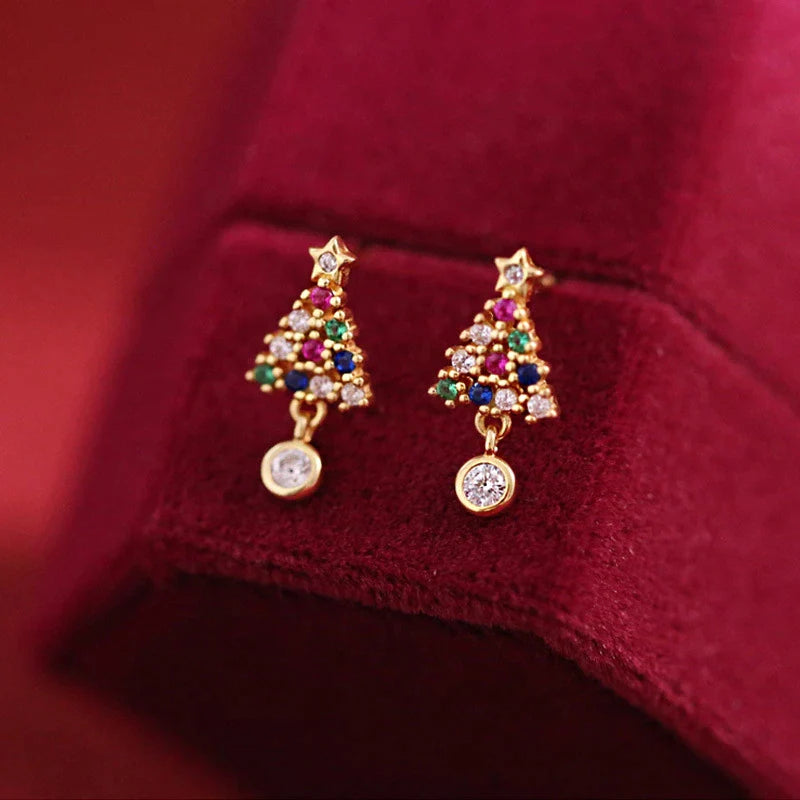 Boucles d'Oreilles Arbre de Noël avec Zirconium en Or