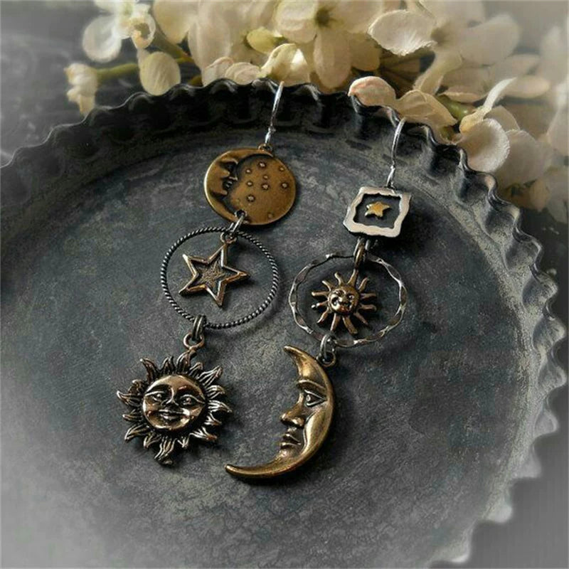 Boucles d'Oreilles Pendantes Soleil-Lune