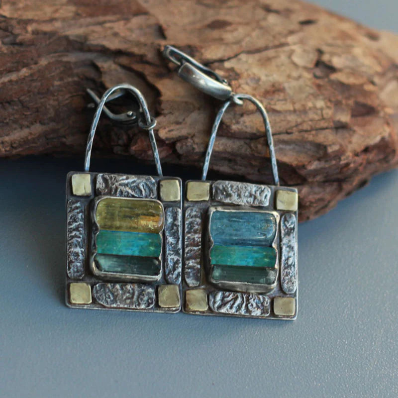 Boucles d'Oreilles en Pierre de Cristal Bleu Vert