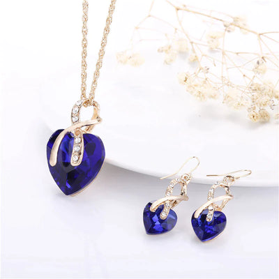 Ensemble Collier + Boucles d'Oreilles d'Amour avec Zircon Bleu en Or