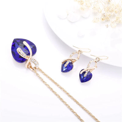 Ensemble Collier + Boucles d'Oreilles d'Amour avec Zircon Bleu en Or