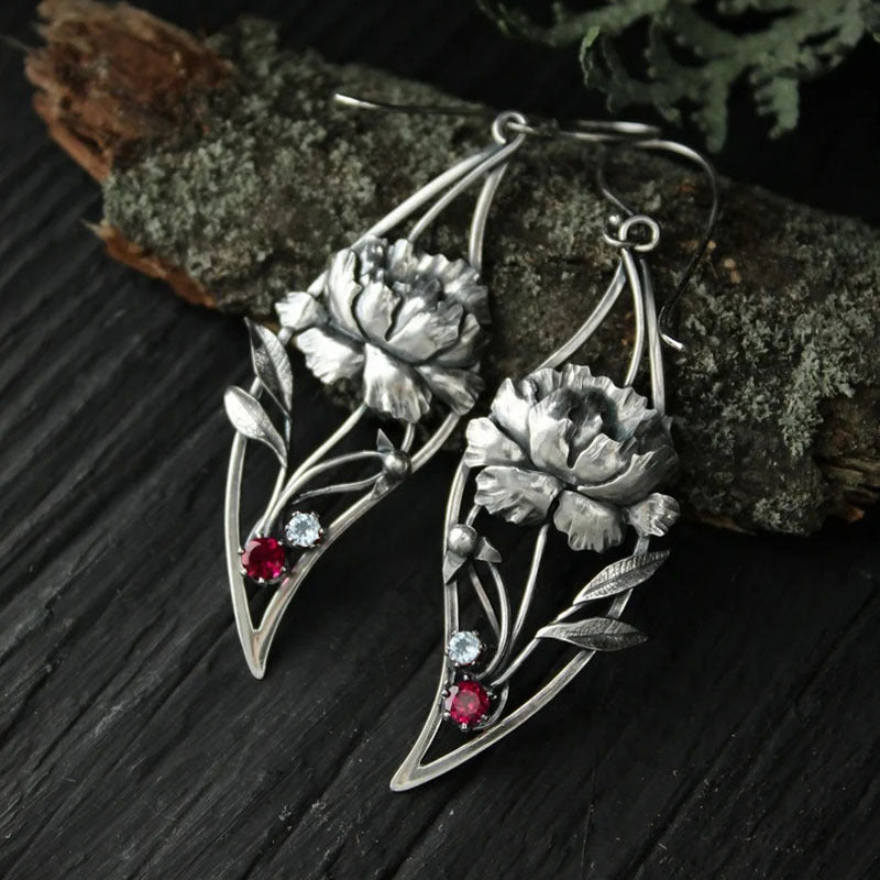 Boucles d'Oreilles Boho Floral avec Zircon Rouge en Argent