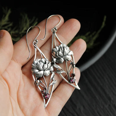 Boucles d'Oreilles Boho Floral avec Zircon Rouge en Argent