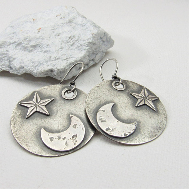 Boucles d'oreilles Lune et Étoiles en Argent