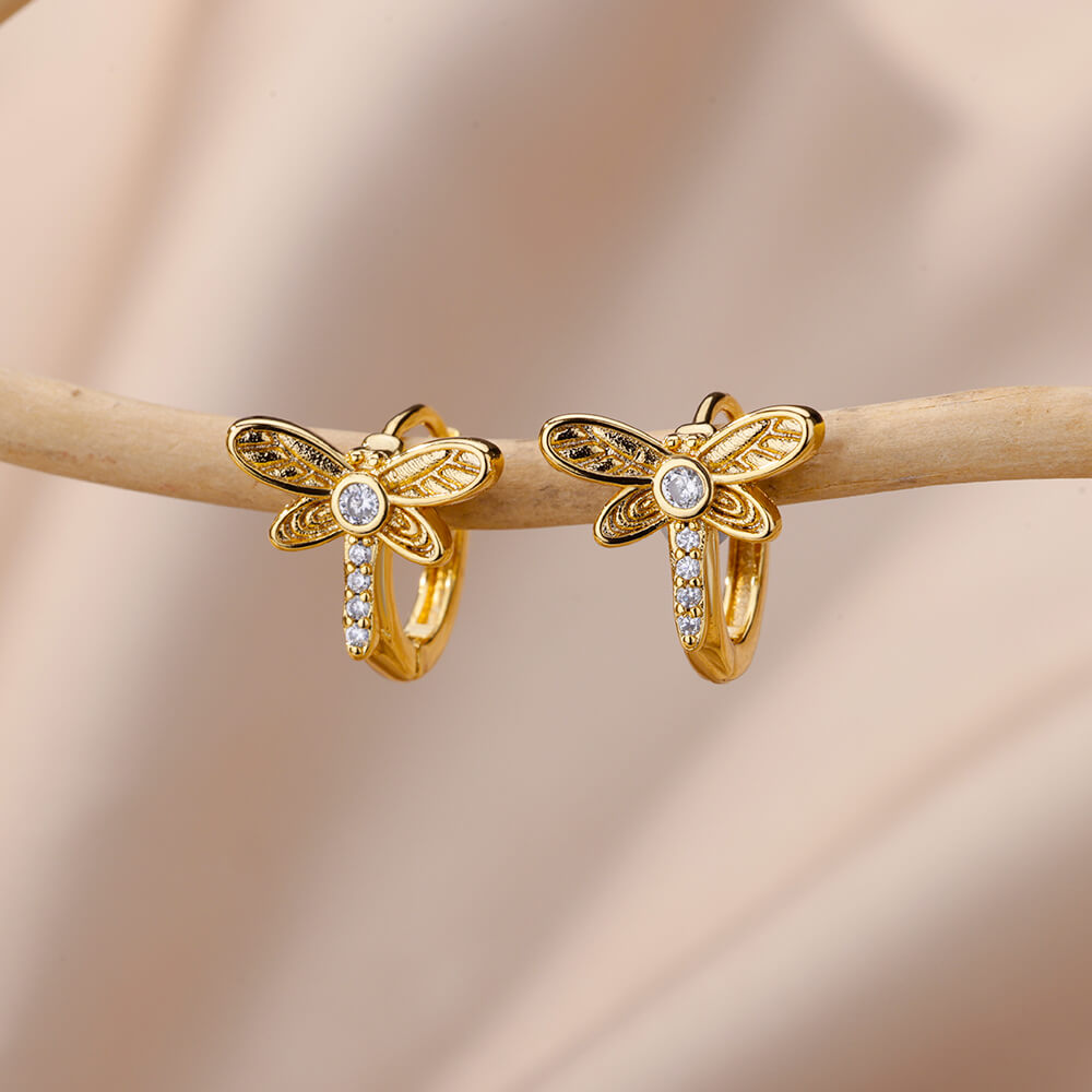 Boucles d'oreilles Minimalistes Libellule avec Zirconia en Or