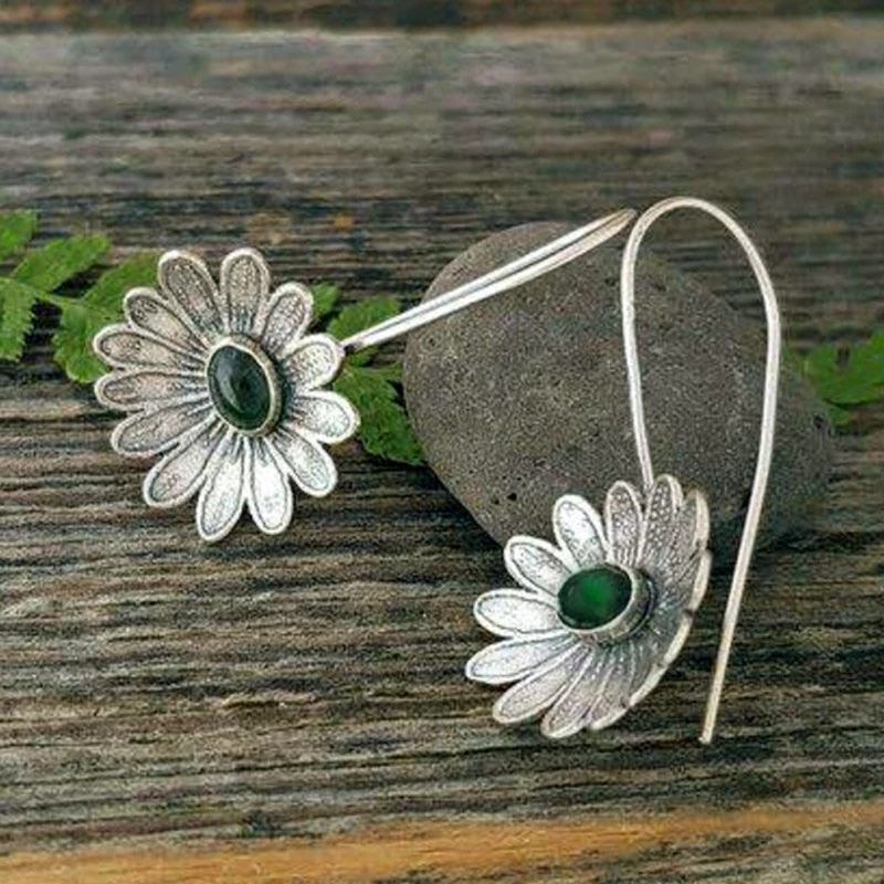 Boucles d'oreilles Vintage en Argent Fleur avec Pierre Verte