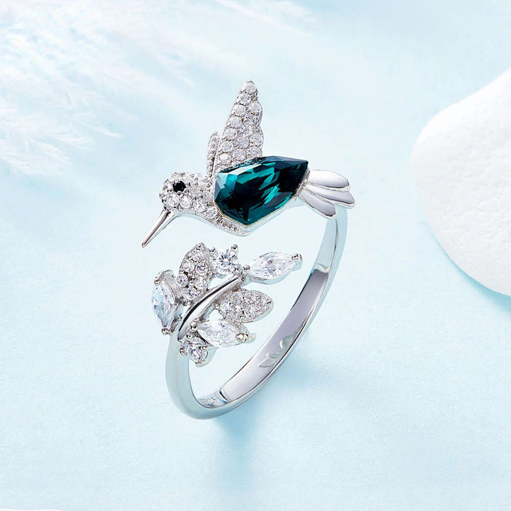 Bague Oiseaux Réglables avec Zircone Bleue en Sterling