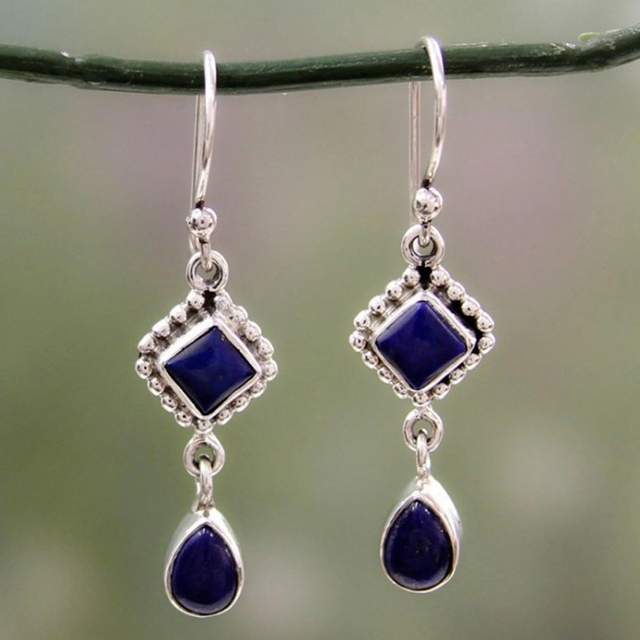 Boucles d'oreilles en Argent avec Pierre Bleue et Cristal