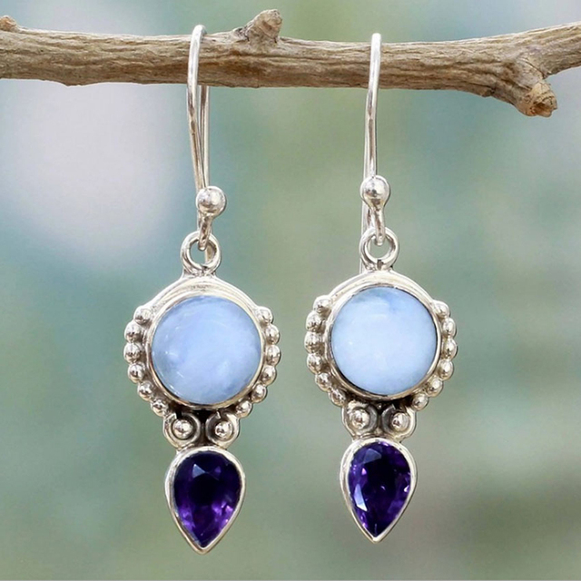 Boucles d'oreilles Boho avec Pierre de Lune et Cristal Bleu