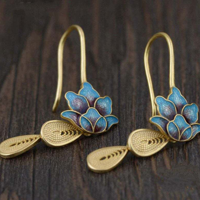 Boucles d'oreilles Boho Lotus Bleu en Or