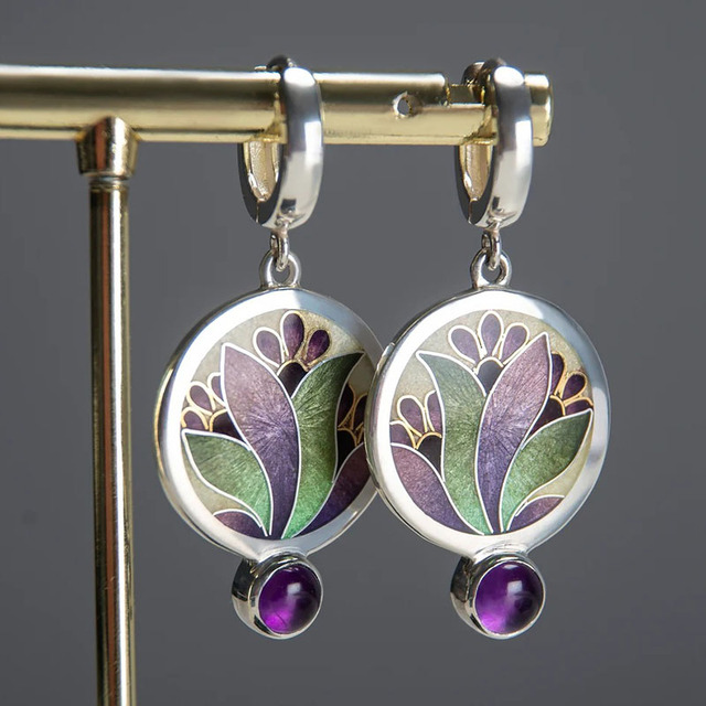 Boucles d'oreilles Boho en Argent Sterling avec Cristaux Violets