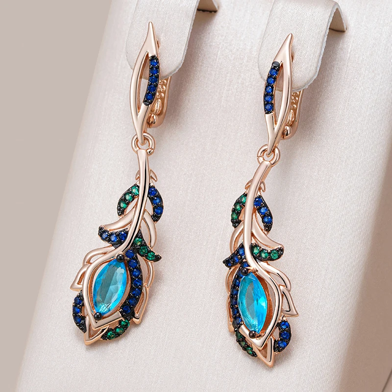 Boucles d'oreilles pendantes Feuille avec cristaux bleus élégant