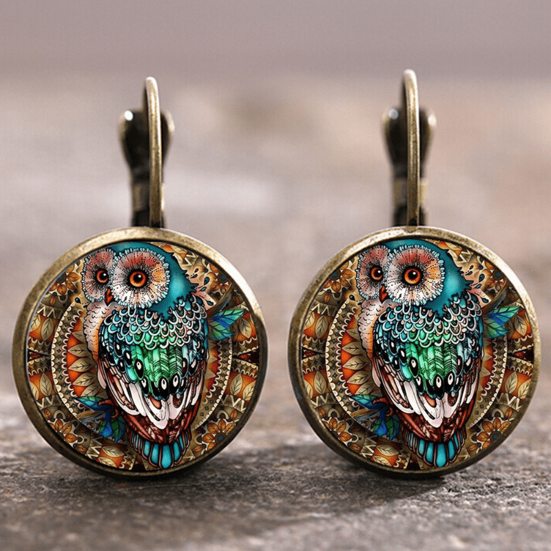 Boucles d'oreilles vintage hibou en cristal arrondi