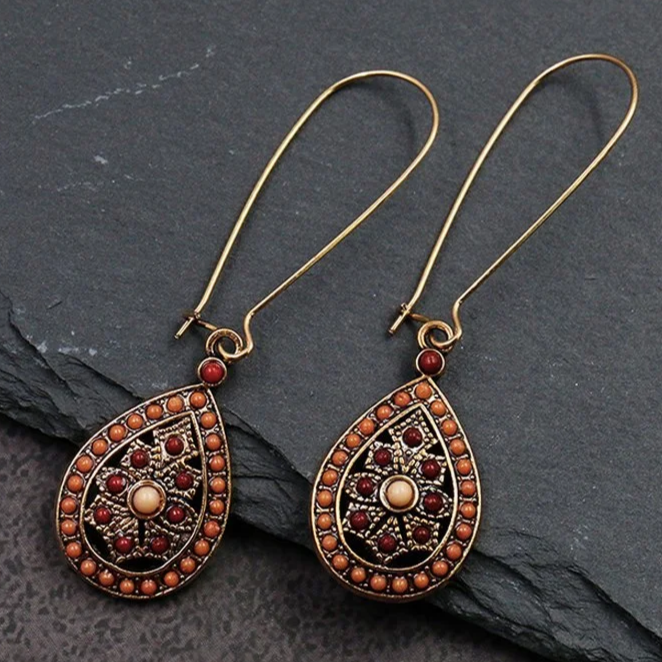 Boucles D'oreilles Pendantes Vintage - Design Travaillé, Métal Doré, Fermoir Clips, Occasion