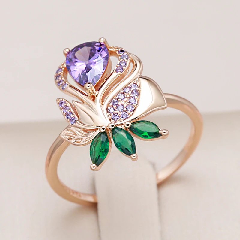 Bague Rose Violette avec Zircon en or