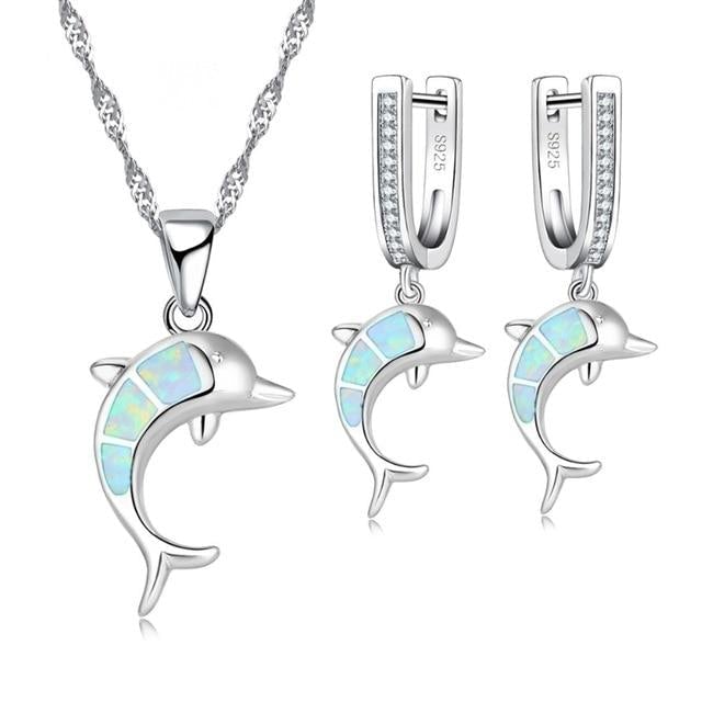 Ensemble Collier Dauphin + Boucles d'Oreilles en Opale et Argent