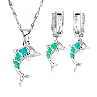 Ensemble Collier Dauphin + Boucles d'Oreilles en Opale et Argent