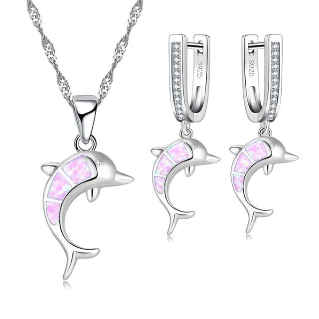 Ensemble Collier Dauphin + Boucles d'Oreilles en Opale et Argent