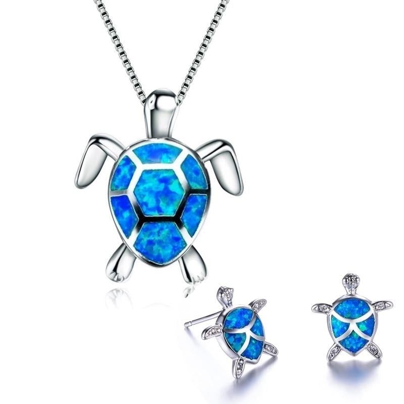 Ensemble Collier Tortue de Mer Opale et Argent + Boucles d'Oreilles