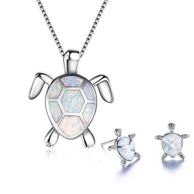 Ensemble Collier Tortue de Mer Opale et Argent + Boucles d'Oreilles