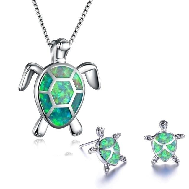 Ensemble Collier Tortue de Mer Opale et Argent + Boucles d'Oreilles