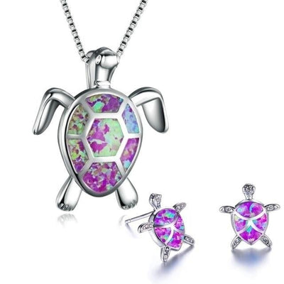 Ensemble Collier Tortue de Mer Opale et Argent + Boucles d'Oreilles