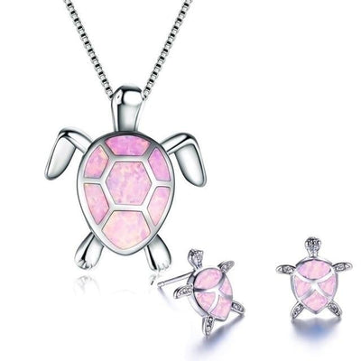 Ensemble Collier Tortue de Mer Opale et Argent + Boucles d'Oreilles