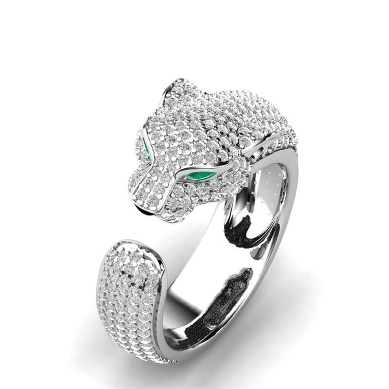 Bague Ajustable Jaguar en Argent et Or Rose 18 Carats avec des Yeux en Zircon Vert