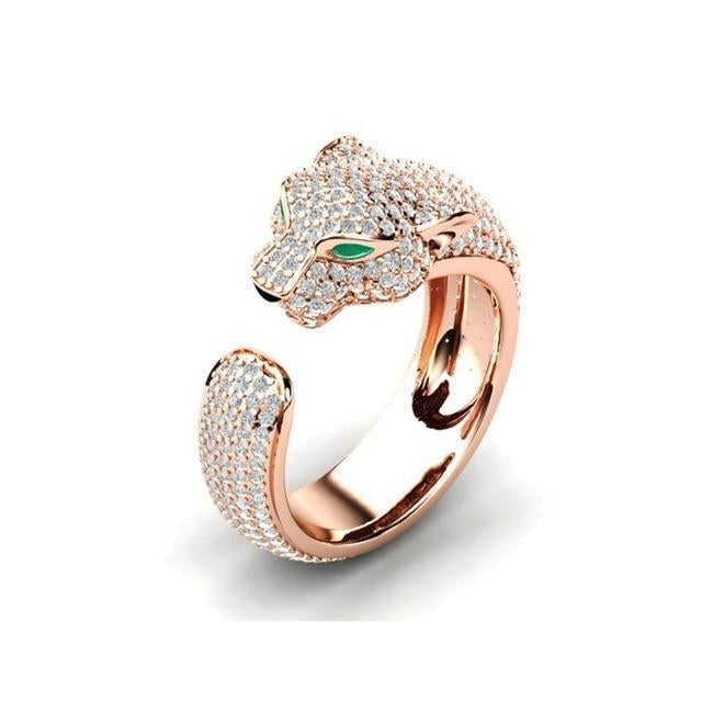 Bague Ajustable Jaguar en Argent et Or Rose 18 Carats avec des Yeux en Zircon Vert